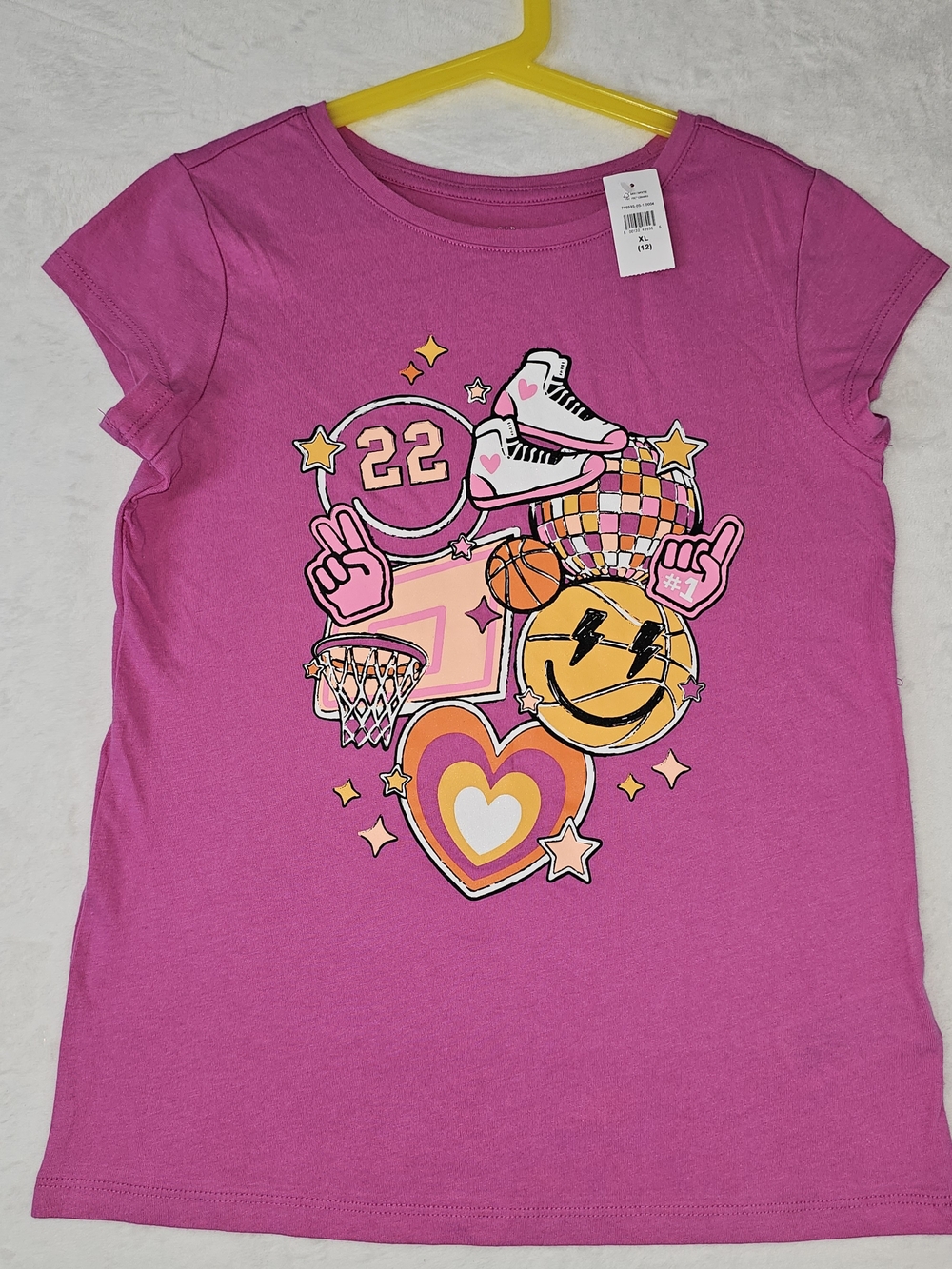 Gap Kids Girls XL 12 Pink Graphic Tee Shirt Basketball Smiley Heart Retro Sport
